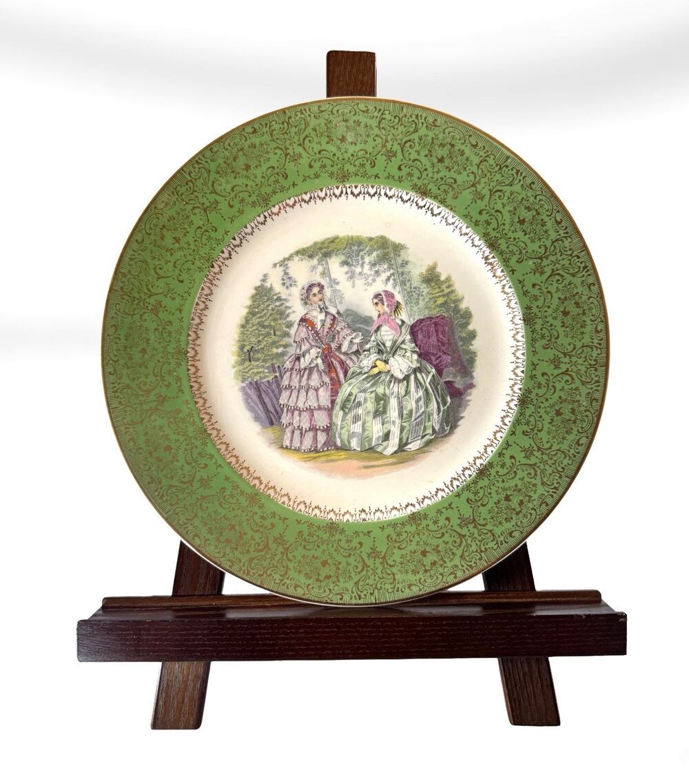 Vintage Imperial Salem Plate 23K Gold Trim Victorian Women Pink & Green 1940s